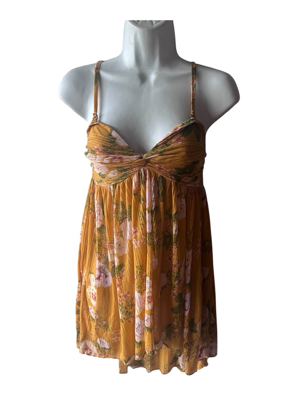Free People Honey Gold Floral Tunic Pleated High Low Ruffle Twist Size S Chic